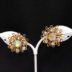 Vintage AB Rhinestone Flower Earrings, Screw Back, 1950s Jewelry